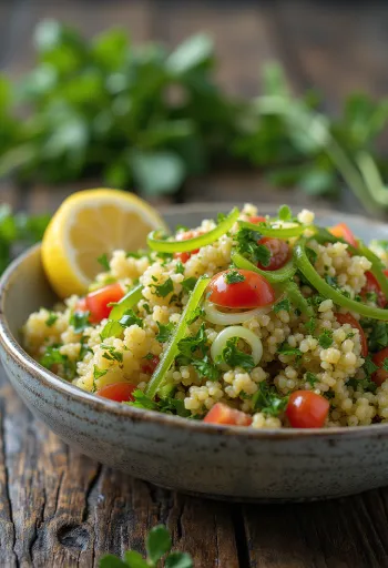 Tabbouleh salat med løg, blanding af mynte og persille