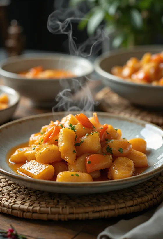 Blank grøntsags tangsuyuk med friske peberfrugter og sauce