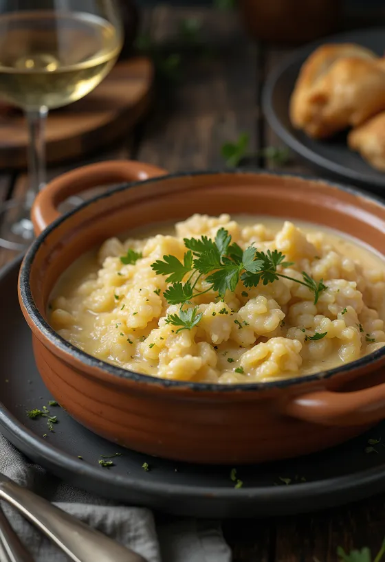 Açorda med torsk, fiskesuppe med hvidvin, mælk og frisk persille