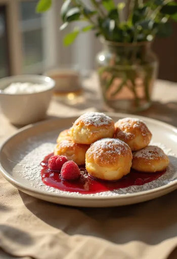 Lækre æbleskiver anrettet med hindbærsyltetøj og drysset med flormelis