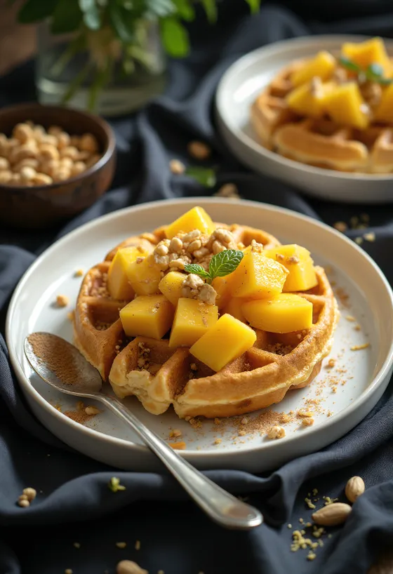 Afrikansk inspireret vaffel med mango, jordnødder og limesaft