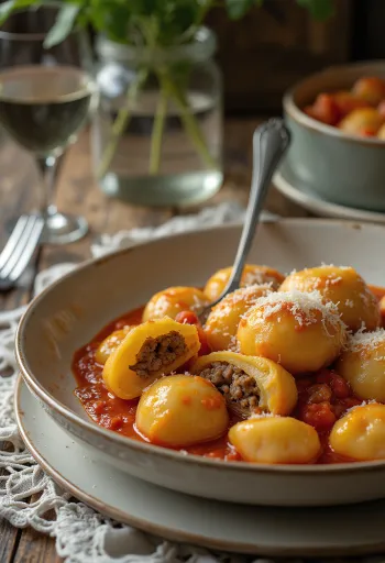 Gnocchi fyldt med kød serveret