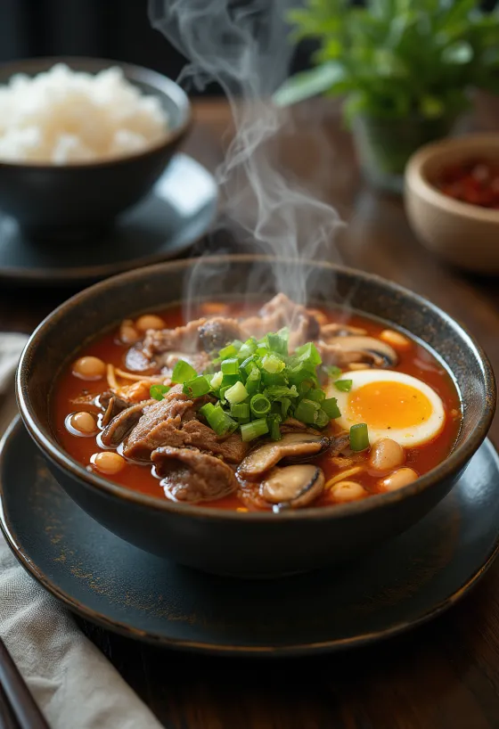 Yukgaejang med svampe i en skål, toppet med æg og friske forårsløg