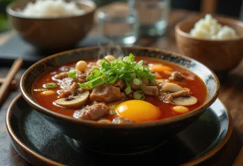 Yukgaejang med svampe i en skål, toppet med æg og friske forårsløg