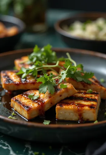 Grillet tofu i krydret sauce serveret