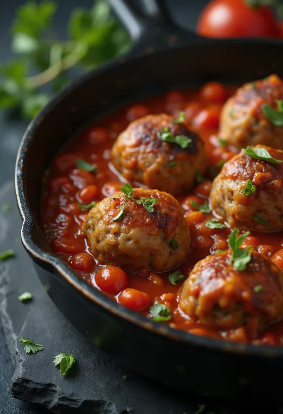 Kødboller serveret i tomatsauce