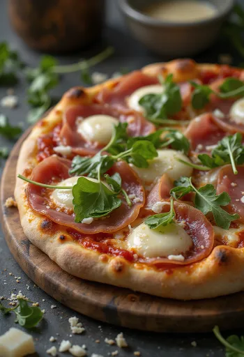 Pizza al Prosciutto Crudo serveret med parmaskinke og rucola