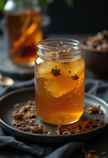 Probiotisk sort te-kombucha i glas, serveret som kulsyreholdig drik