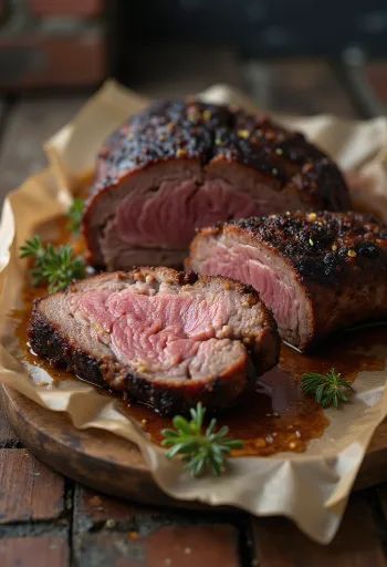 Smoked brisket serveret i tynde skiver med barbecuesauce og tilbehør