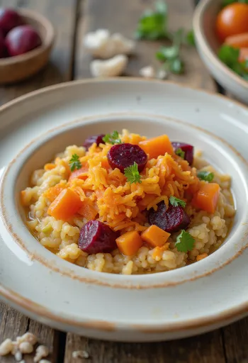 Açorda med grøntsager, i en skål pyntet med persille