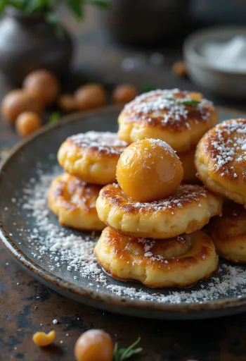 Tårn af æbleskiver dækket med hvidt flormelis