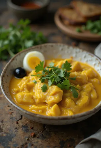 Ají de gallina serveret med koriander og cremet sauce