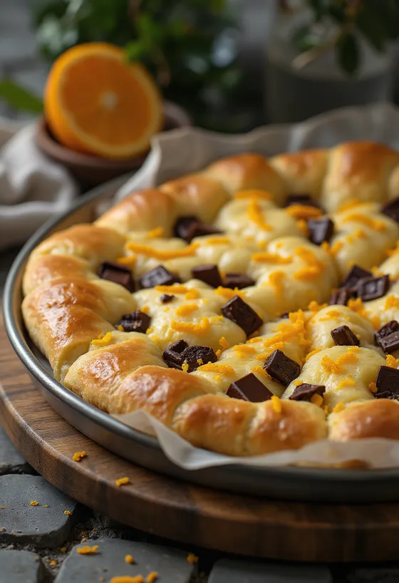 Chokolade og appelsinskal focaccia serveret