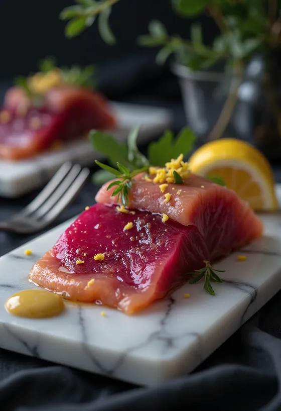 Gravad laks i sukkerroemarinade serveret med frisk dild