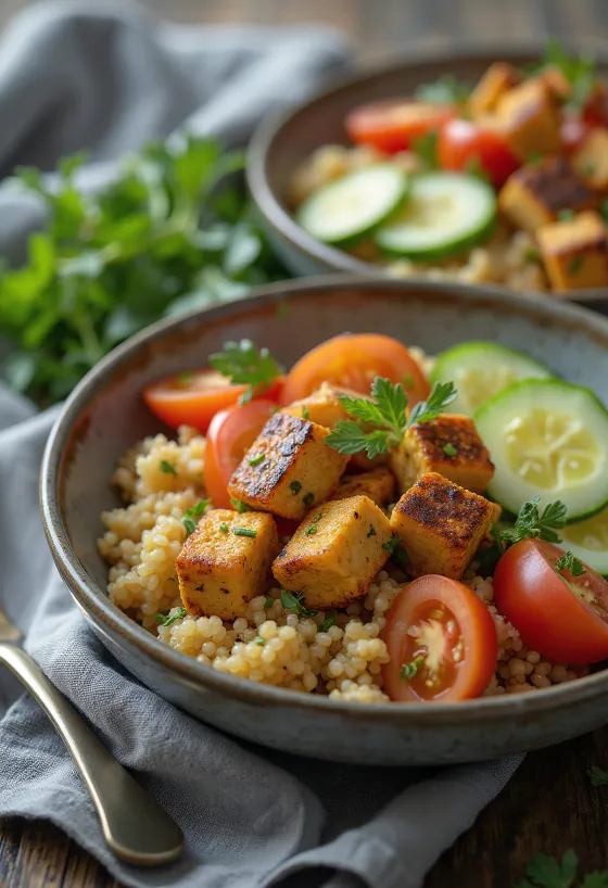 Grillet tofu serveret med quinoasalat