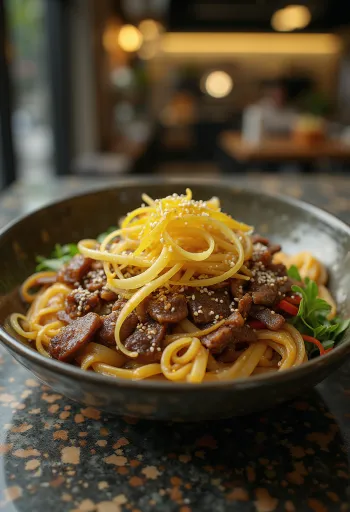 Japchae med oksekød serveret med søde kartoffelnudler og grøntsager