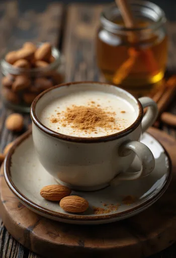 Cremet honning-mandelmælk i krus med kanel og vanilje