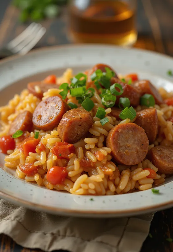 Smoked sausage jambalaya serveret i en skål pyntet med persille