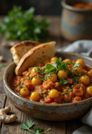 Ghugni med masala, krydrede kikærter, serveret med koriander og citron