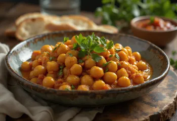 Ghugni med masala, krydrede kikærter, serveret med koriander og citron
