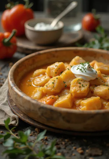 Mallepaprikash serveret med pasta med hytteost (Túrós csusza)