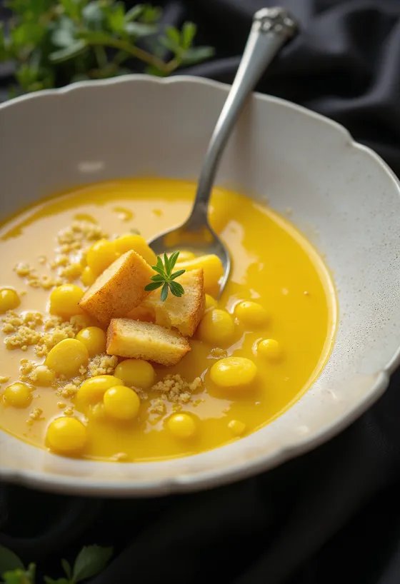 Dild-majs cremesuppe serveret
