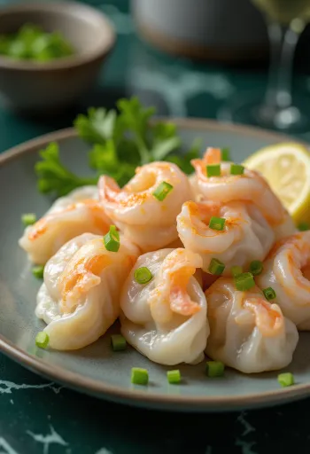 Koreansk mandu med rejer serveret med sprød bund