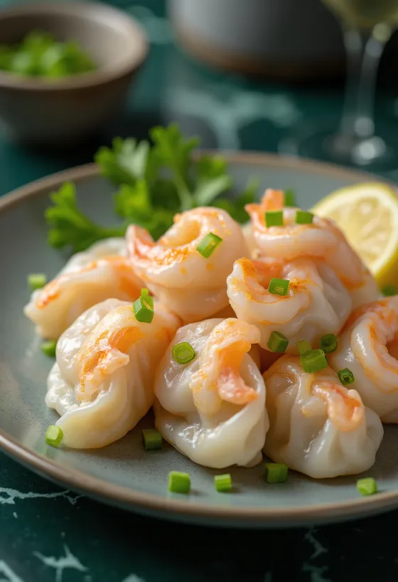 Koreansk mandu med rejer serveret med sprød bund