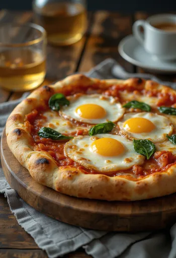 Pizza alla Bismark serveret med frisk æg og spinat