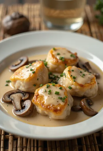 Svinekotelet i champignonsauce, serveret med persille