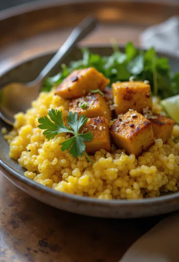 Græskar quinoa curry serveret med lime tofu
