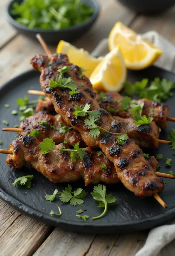 Anticucho glutenfri, grillet oksekød pyntet med frisk koriander