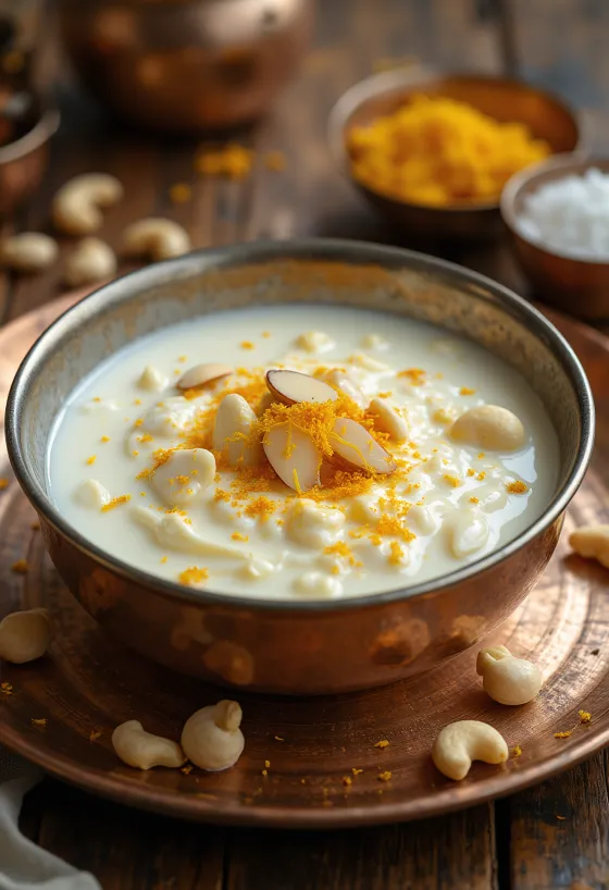 Basundi med kokosmælk, tyk, cremet mælkedessert, pyntet med mandler og safran