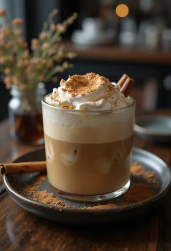 Kanel-mynte frappé kaffedrik pyntet med flødeskum, kanelstang og mynteblade