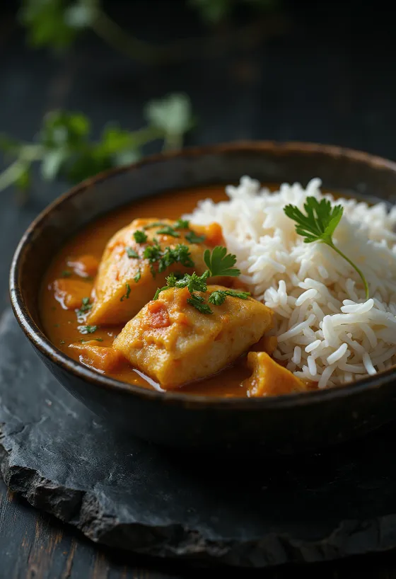 Moqueca serveret med hvide ris, fisk og kokosmælk
