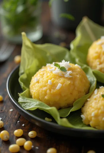 Pamonha com coco ralado, majsdejskugler serveret med kokosmel og smør