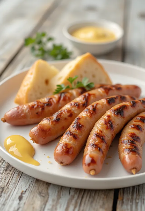Gyldenbrun stegt pølse med sprødt skind, serveret med sennep og frisk brød.