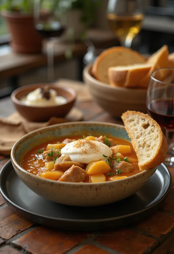 Traditionel székelykål med saftigt svinekød og surkål, serveret med creme fraiche.