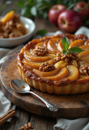 Tarte Tatin med valnødder, serveret med karamelliseret æble og valnødder