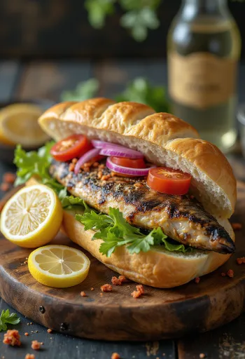 Balık ekmek med makrel, serveret med tomat, salat og citron