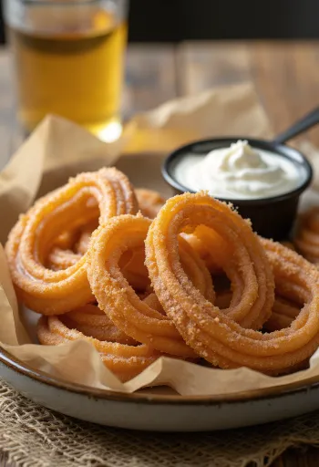 Churros med creme fraiche, friskbagt i sprød dej, med creme fraiche-dip
