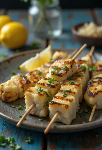 Grillet alligatorkød serveret med citron og grillede grøntsager