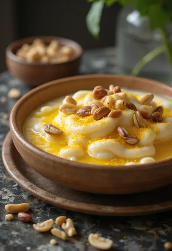 Kesar Rabri, rig safranmælkecreme, pyntet med mandler og pistacienødder