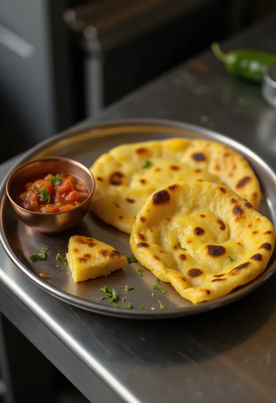 Makki ki roti med stærk sauce, serveret med frisk koriander