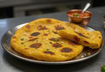 Makki ki roti med stærk sauce, serveret med frisk koriander