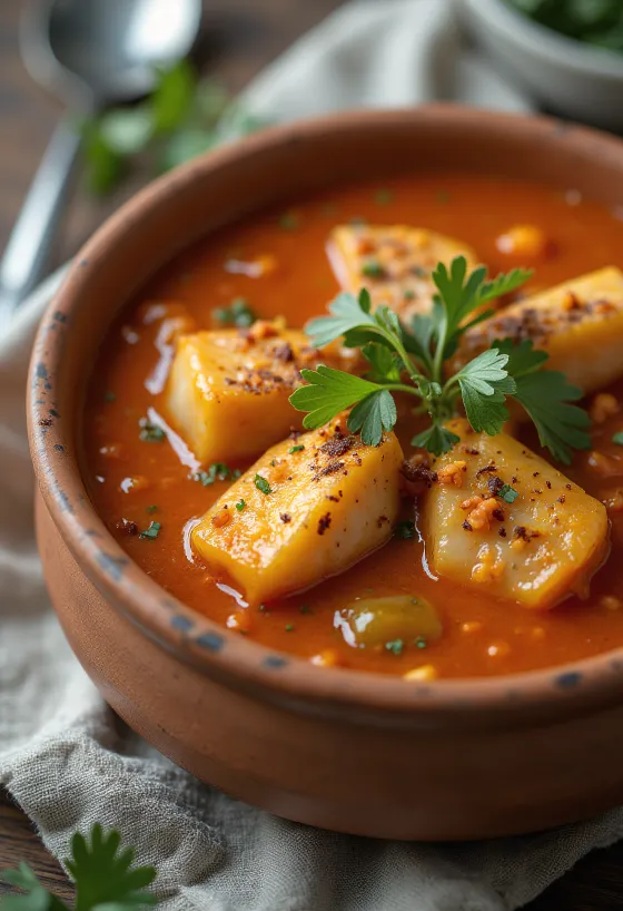 Moqueca serveret med krydret sauce, fisk og kokosmælk
