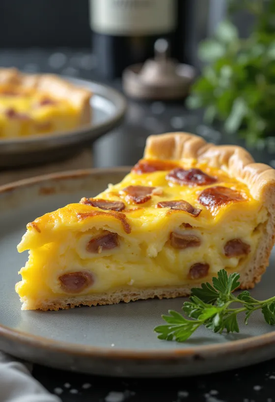 Klassisk Quiche Lorraine, i sprød mørdej med cremet fyld, baconstykker og ost.