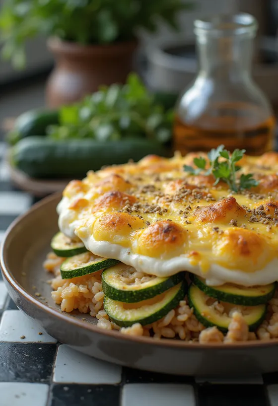 Lag af zucchini, ris og hakket kød bagt i ovn med creme fraiche