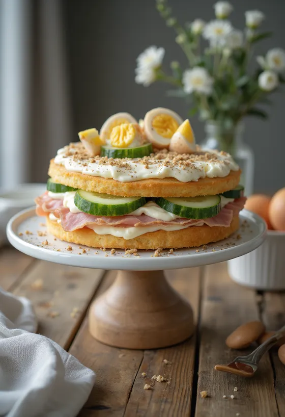 Smörgåstårta med skinke og kylling serveret