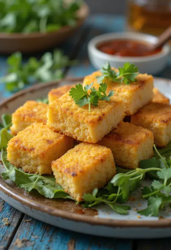 Stegt tofu med kikærtemel, sprøde tofustykker serveret med frisk koriander
